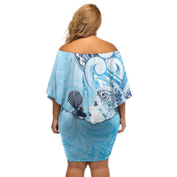 Aotearoa Maori Wahine Family Matching Off Shoulder Short Dress and Hawaiian Shirt Fantail Bird Blue Gold Marble LT05 - Polynesian Pride