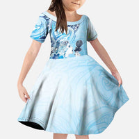 Aotearoa Maori Wahine Family Matching Puletasi and Hawaiian Shirt Fantail Bird Blue Gold Marble LT05 Daughter's Dress Blue - Polynesian Pride