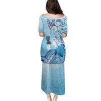 Aotearoa Maori Wahine Family Matching Puletasi and Hawaiian Shirt Fantail Bird Blue Gold Marble LT05 - Polynesian Pride