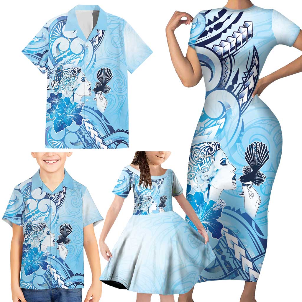 Aotearoa Maori Wahine Family Matching Short Sleeve Bodycon Dress and Hawaiian Shirt Fantail Bird Blue Gold Marble LT05 - Polynesian Pride