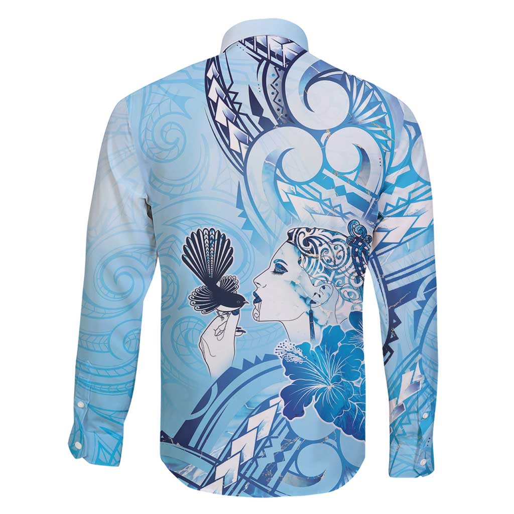 Aotearoa Maori Wahine Family Matching Short Sleeve Bodycon Dress and Hawaiian Shirt Fantail Bird Blue Gold Marble LT05 - Polynesian Pride
