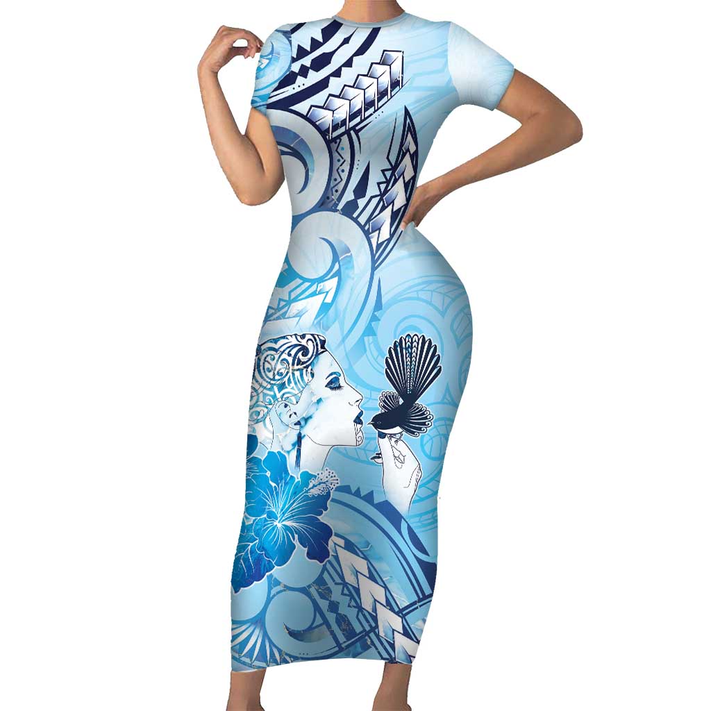 Aotearoa Maori Wahine Family Matching Short Sleeve Bodycon Dress and Hawaiian Shirt Fantail Bird Blue Gold Marble LT05 Mom's Dress Blue - Polynesian Pride