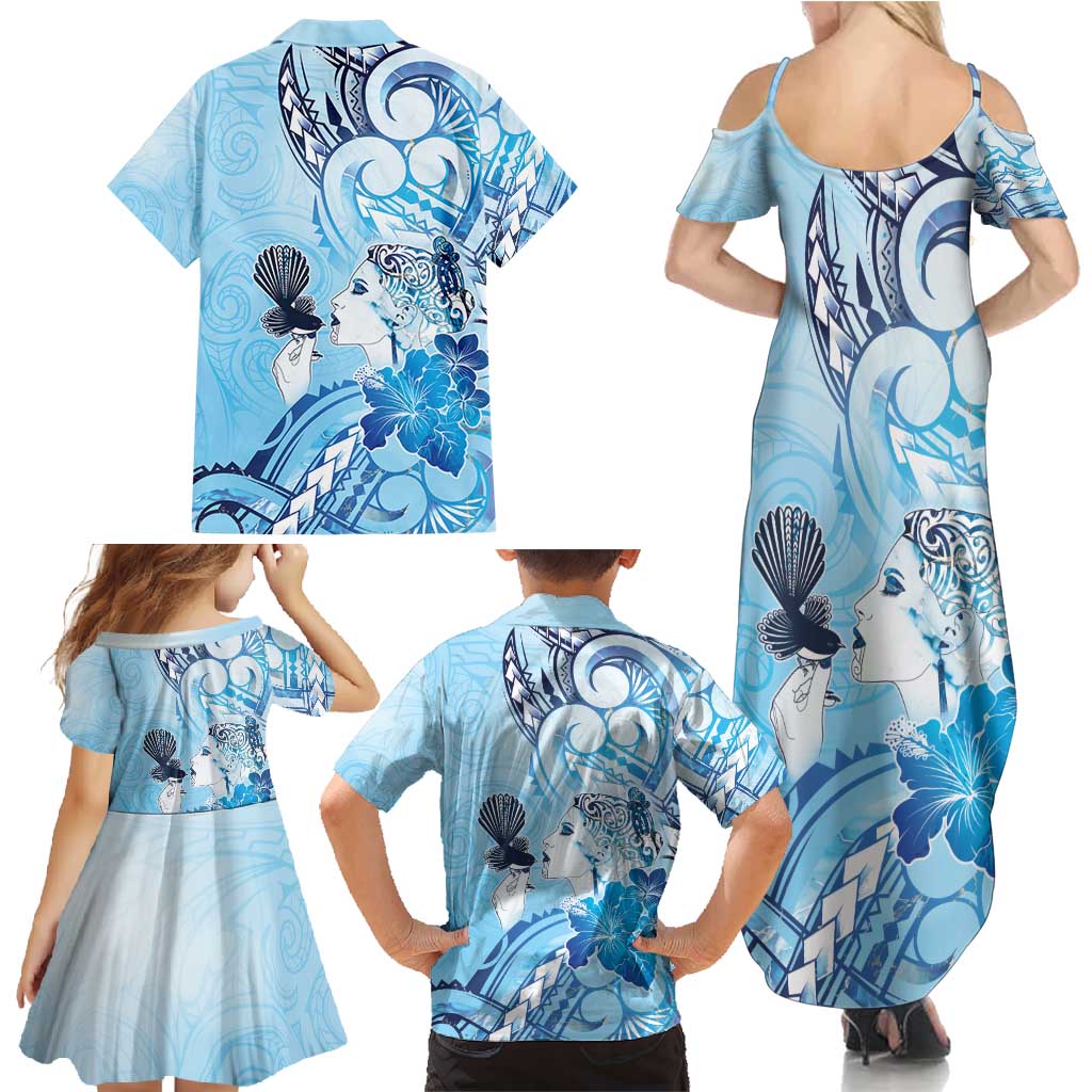 Aotearoa Maori Wahine Family Matching Summer Maxi Dress and Hawaiian Shirt Fantail Bird Blue Gold Marble LT05 - Polynesian Pride