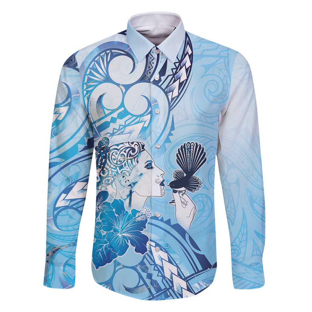 Aotearoa Maori Wahine Family Matching Summer Maxi Dress and Hawaiian Shirt Fantail Bird Blue Gold Marble LT05 Dad's Shirt - Long Sleeve Blue - Polynesian Pride