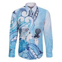 Aotearoa Maori Wahine Family Matching Summer Maxi Dress and Hawaiian Shirt Fantail Bird Blue Gold Marble LT05 Dad's Shirt - Long Sleeve Blue - Polynesian Pride