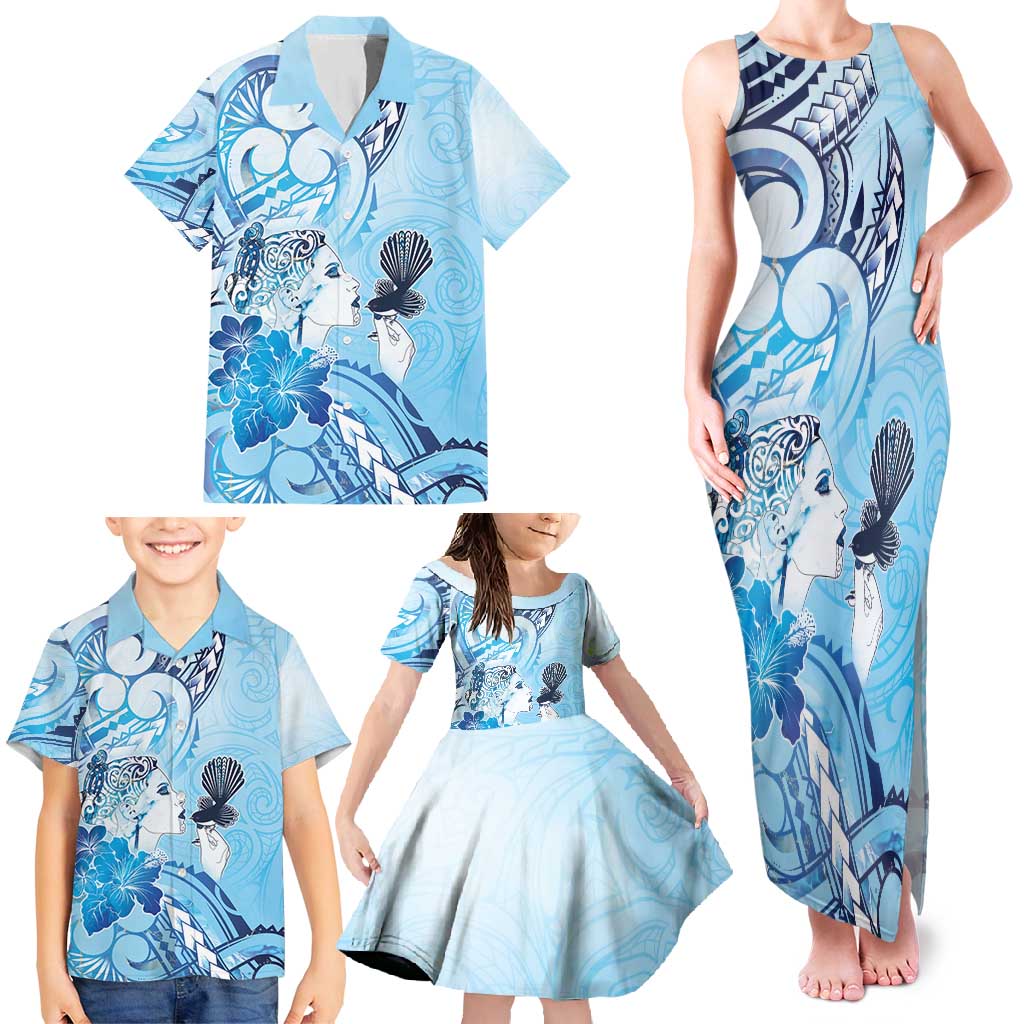 Aotearoa Maori Wahine Family Matching Tank Maxi Dress and Hawaiian Shirt Fantail Bird Blue Gold Marble LT05 - Polynesian Pride