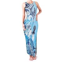 Aotearoa Maori Wahine Family Matching Tank Maxi Dress and Hawaiian Shirt Fantail Bird Blue Gold Marble LT05 Mom's Dress Blue - Polynesian Pride
