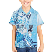 Aotearoa Maori Wahine Hawaiian Shirt Fantail Bird Blue Gold Marble