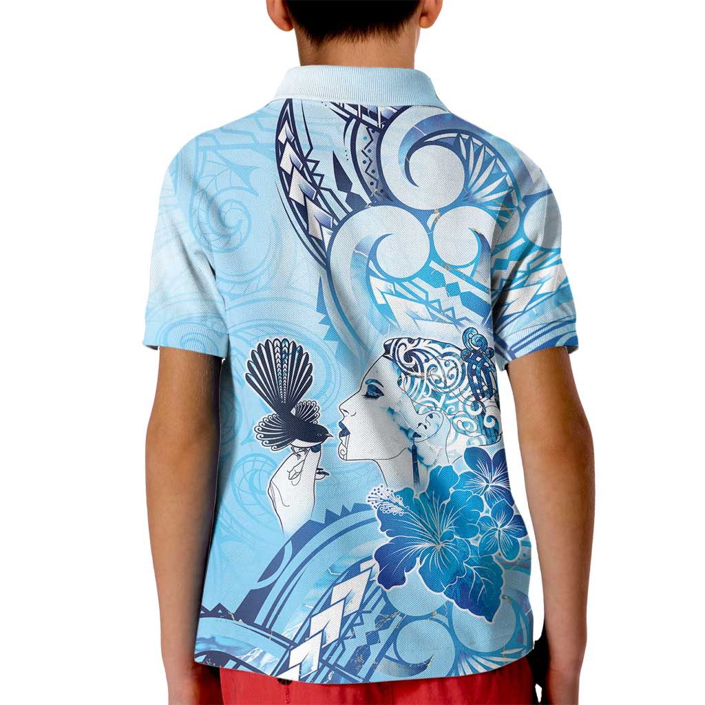 Aotearoa Maori Wahine Kid Polo Shirt Fantail Bird Blue Gold Marble
