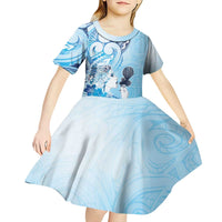 Aotearoa Maori Wahine Kid Short Sleeve Dress Fantail Bird Blue Gold Marble