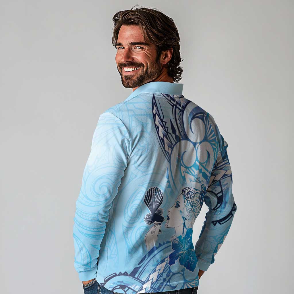Aotearoa Maori Wahine Long Sleeve Polo Shirt Fantail Bird Blue Gold Marble