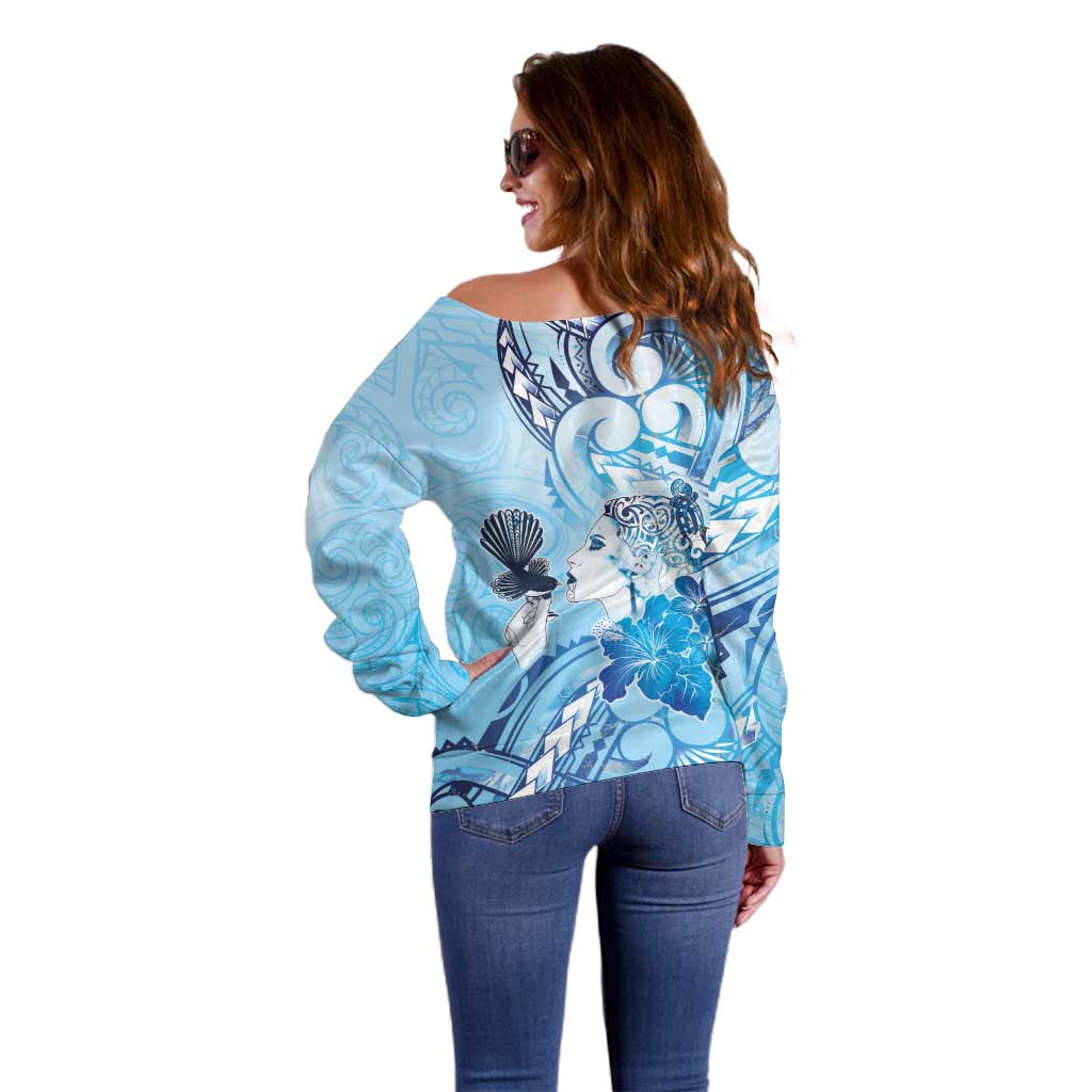 Aotearoa Maori Wahine Off Shoulder Sweater Fantail Bird Blue Gold Marble