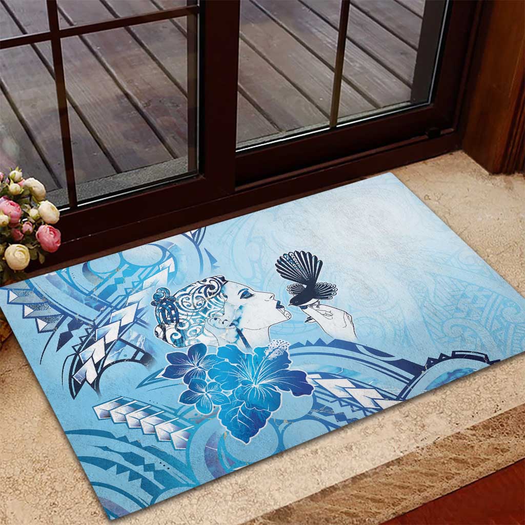 Aotearoa Maori Wahine Rubber Doormat Fantail Bird Blue Gold Marble