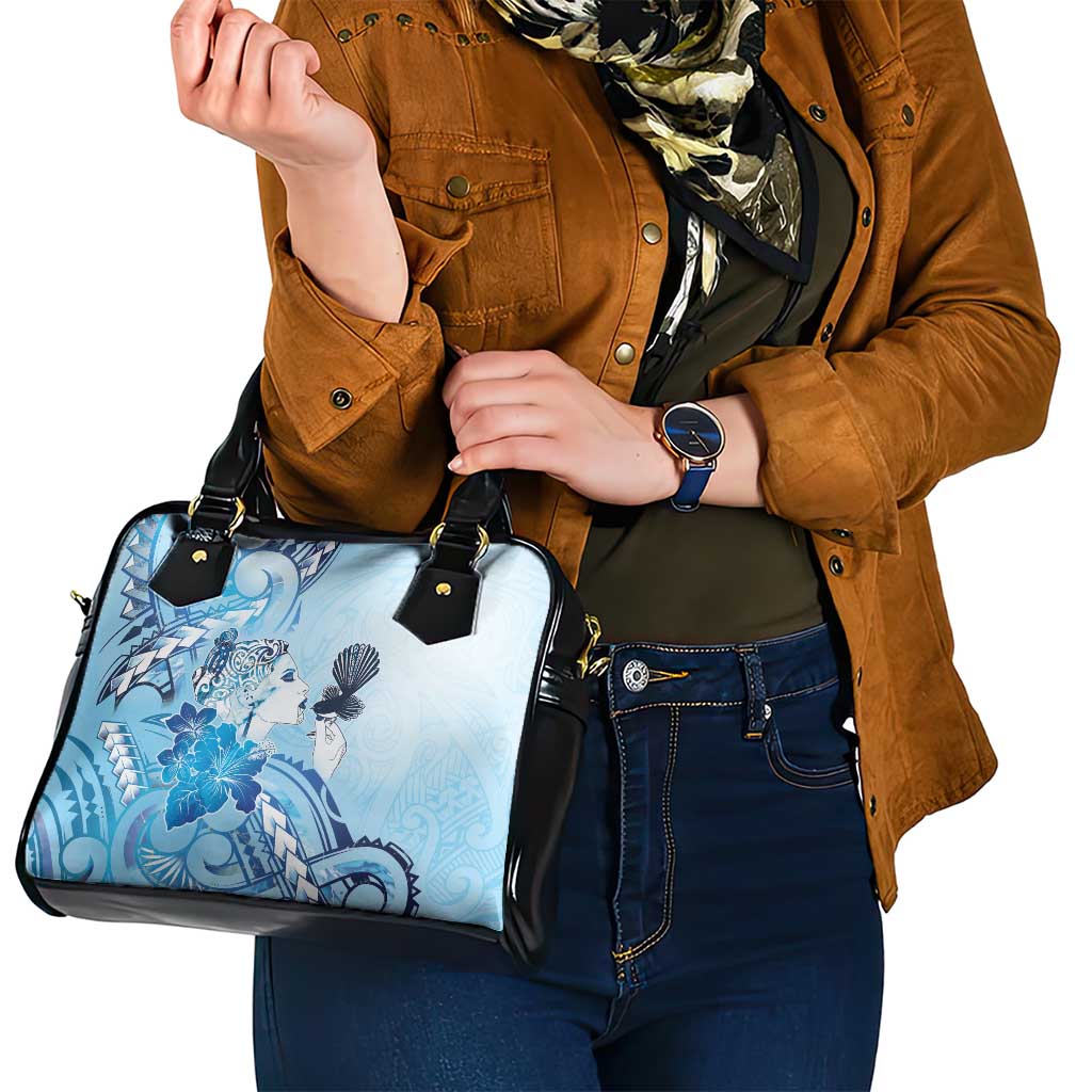 Aotearoa Maori Wahine Shoulder Handbag Fantail Bird Blue Gold Marble