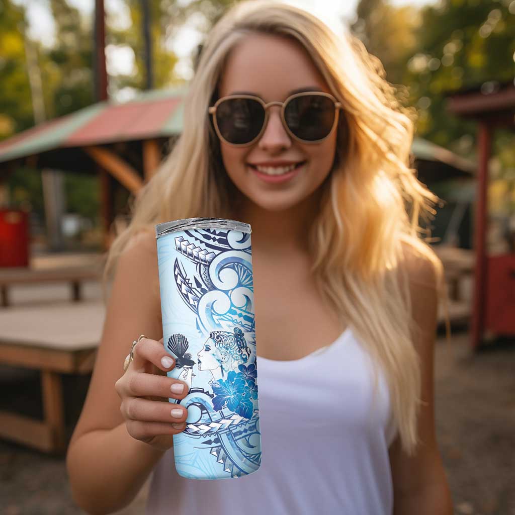 Aotearoa Maori Wahine Skinny Tumbler Fantail Bird Blue Gold Marble