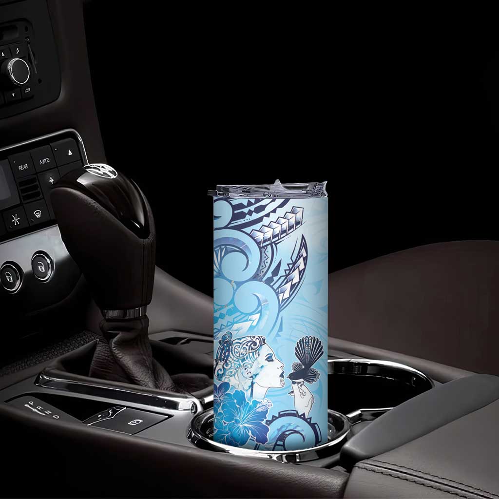 Aotearoa Maori Wahine Skinny Tumbler Fantail Bird Blue Gold Marble