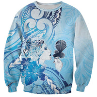 Aotearoa Maori Wahine Sweatshirt Fantail Bird Blue Gold Marble
