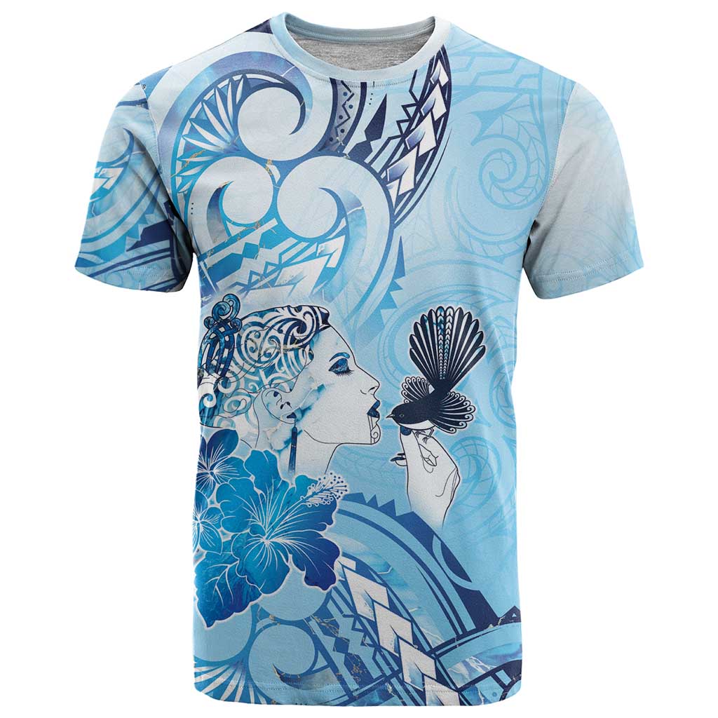 Aotearoa Maori Wahine T Shirt Fantail Bird Blue Gold Marble