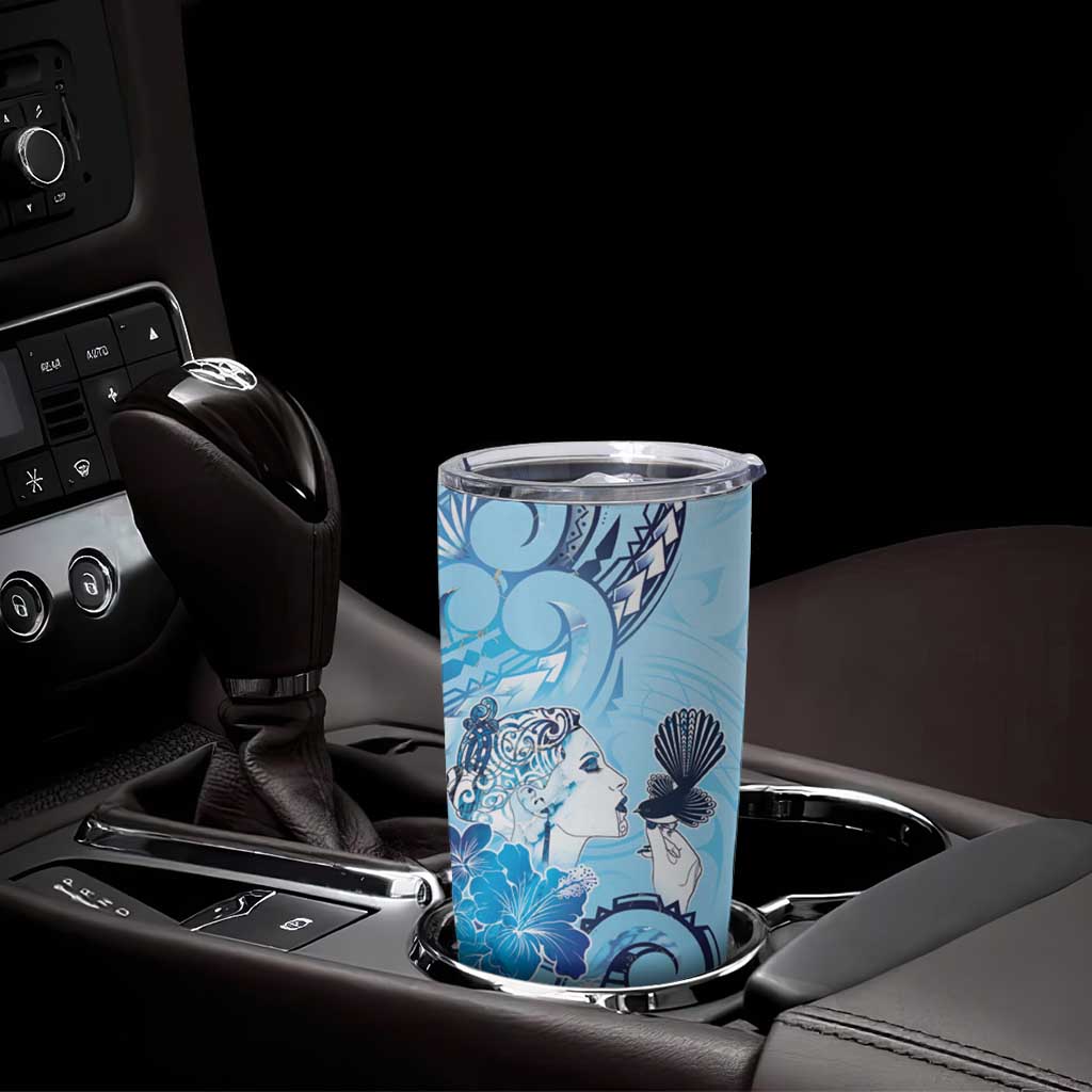 Aotearoa Maori Wahine Tumbler Cup Fantail Bird Blue Gold Marble