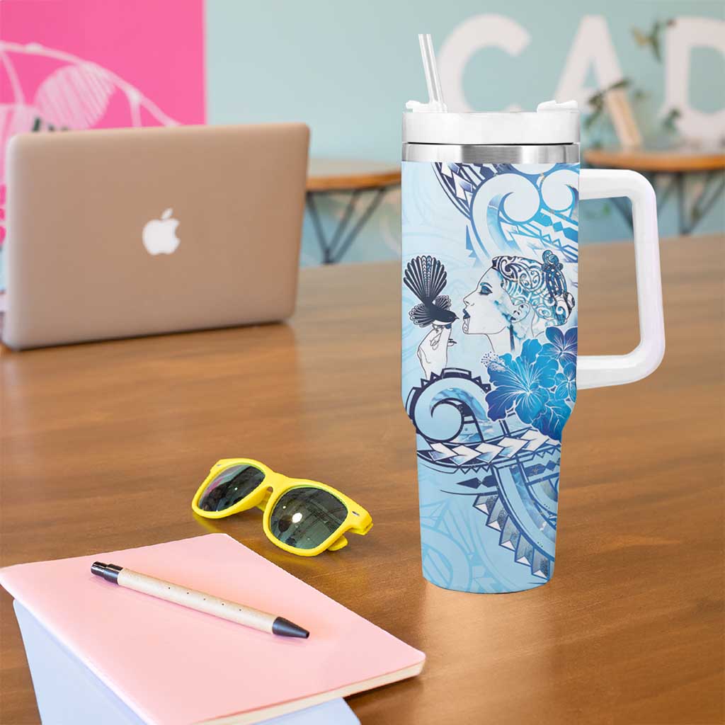 Aotearoa Maori Wahine Tumbler With Handle Fantail Bird Blue Gold Marble