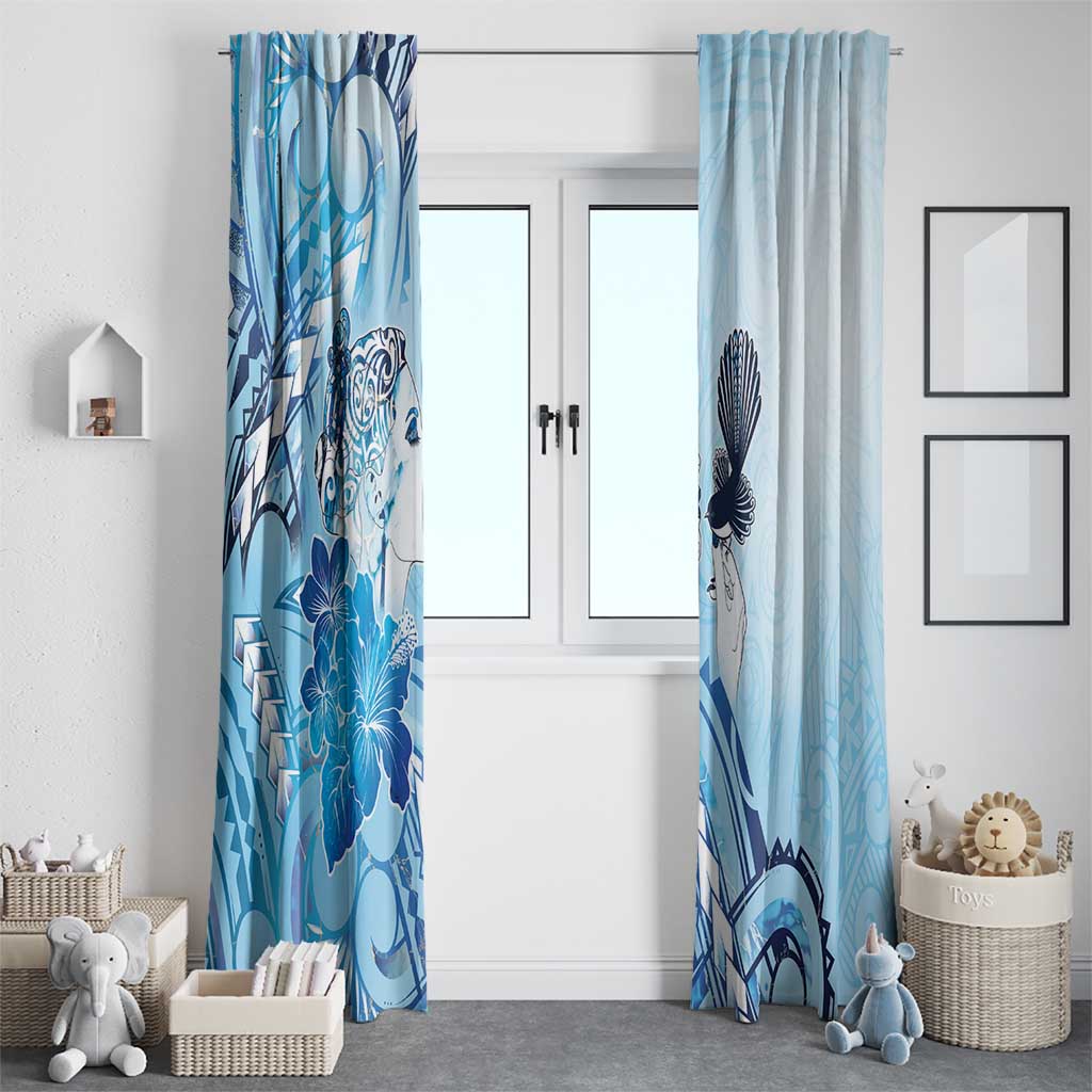 Aotearoa Maori Wahine Window Curtain Fantail Bird Blue Gold Marble LT05 - Polynesian Pride