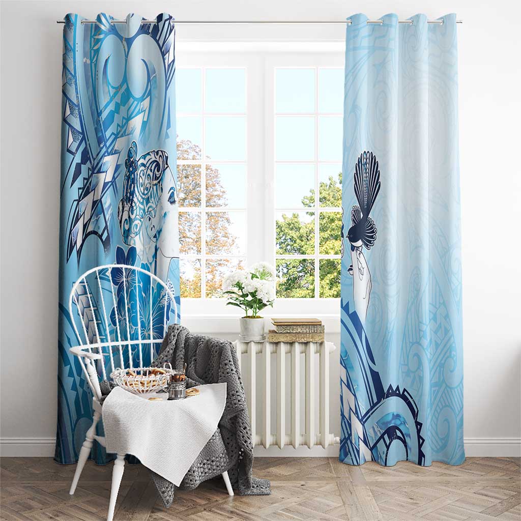 Aotearoa Maori Wahine Window Curtain Fantail Bird Blue Gold Marble LT05 - Polynesian Pride