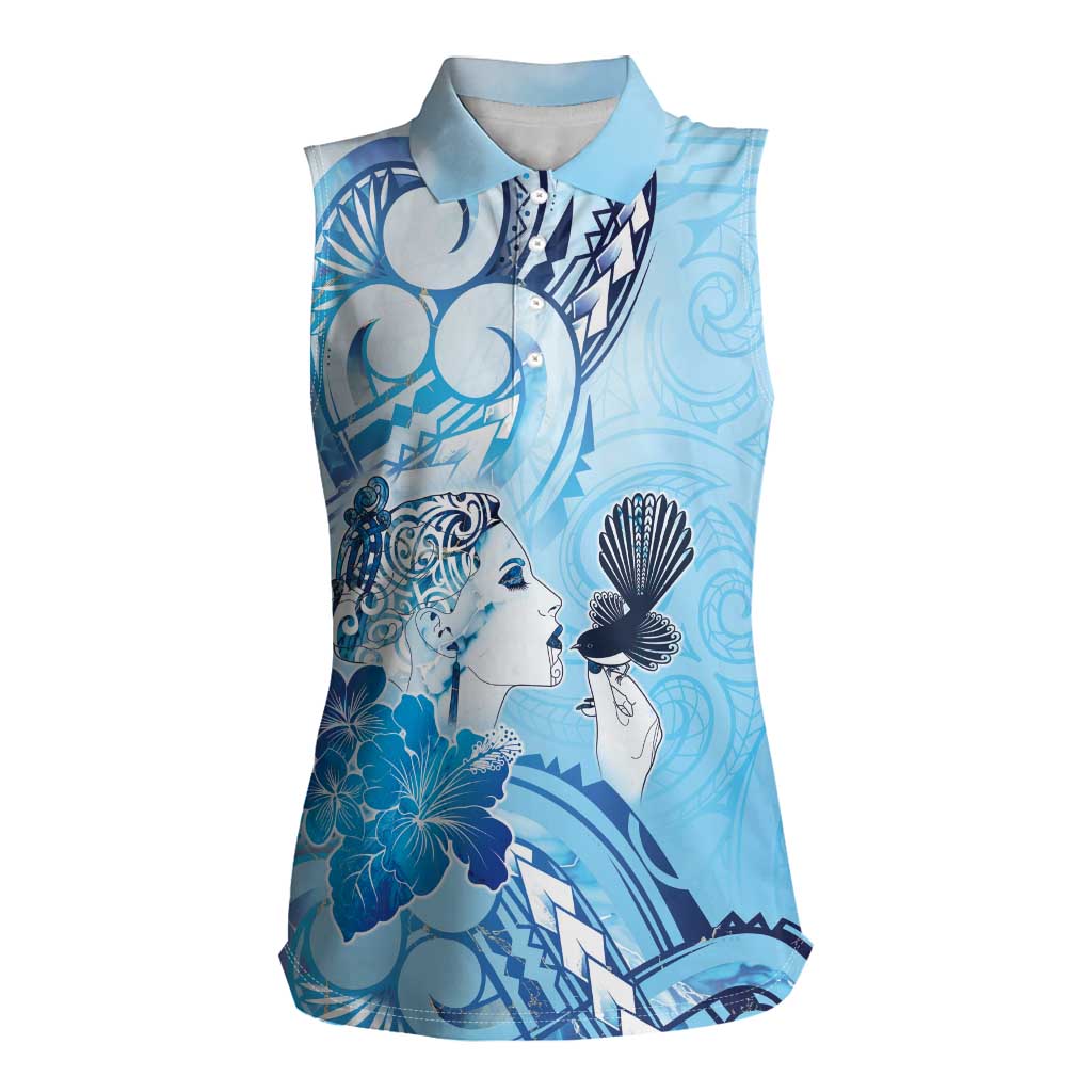 Aotearoa Maori Wahine Women Sleeveless Polo Shirt Fantail Bird Blue Gold Marble
