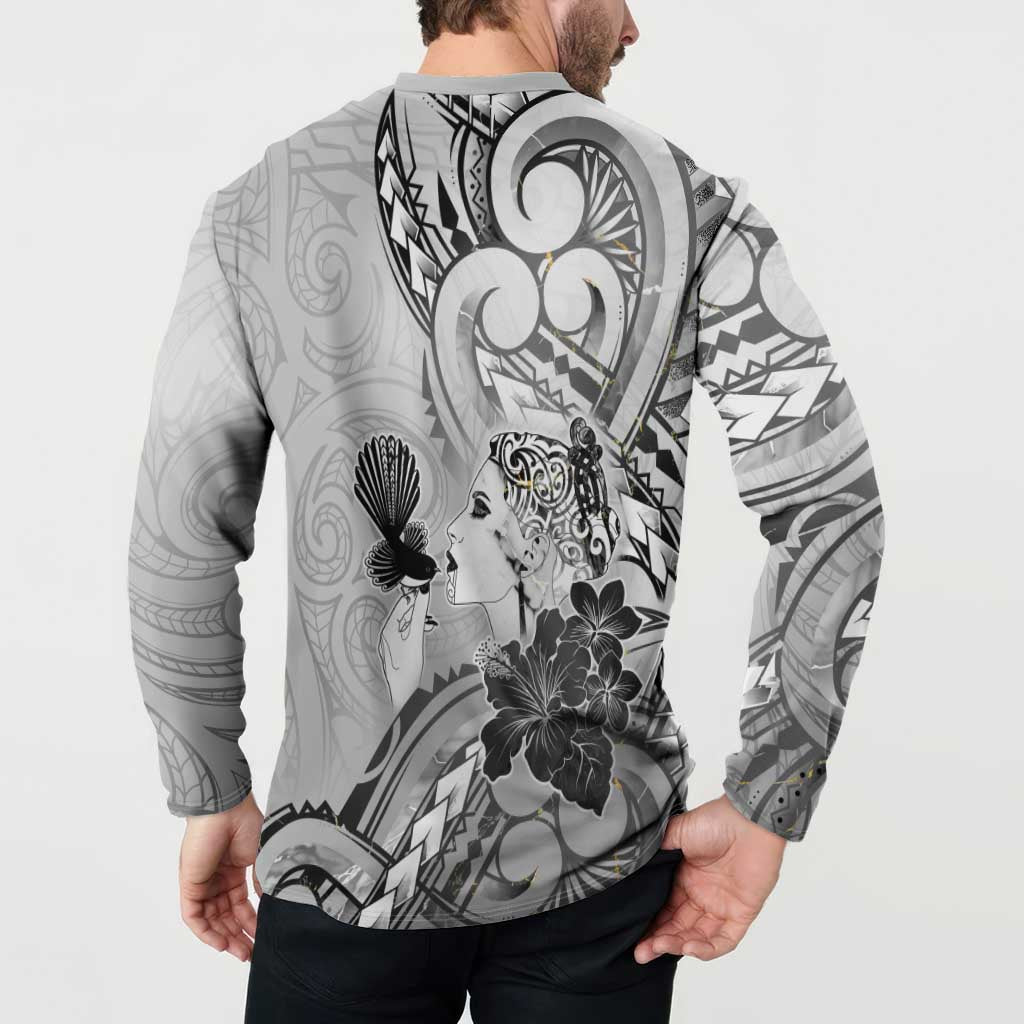 Aotearoa Maori Wahine Button Sweatshirt Fantail Bird Black Gold Marble
