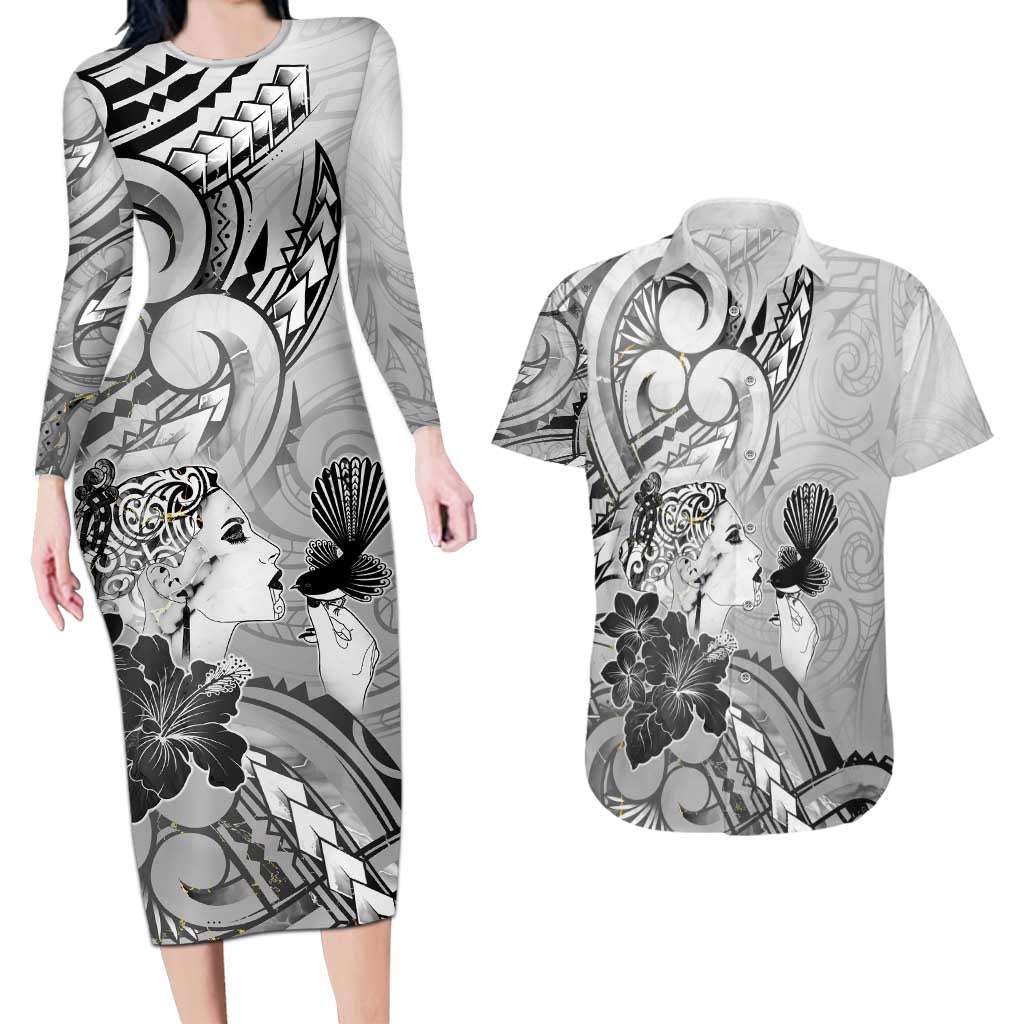 Aotearoa Maori Wahine Couples Matching Long Sleeve Bodycon Dress and Hawaiian Shirt Fantail Bird Black Gold Marble LT05 Black - Polynesian Pride