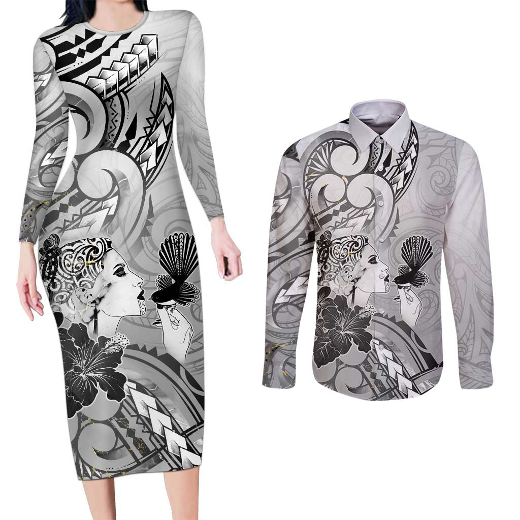 Aotearoa Maori Wahine Couples Matching Long Sleeve Bodycon Dress and Long Sleeve Button Shirt Fantail Bird Black Gold Marble