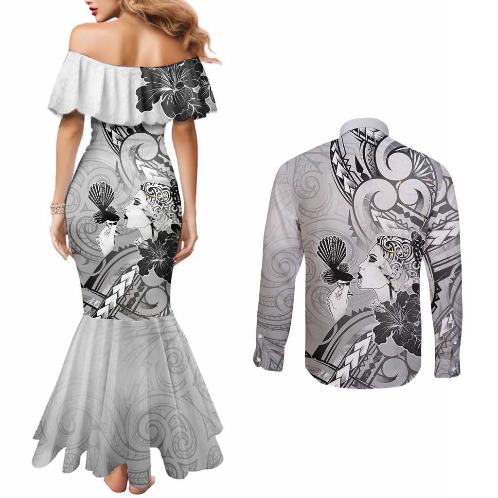 Aotearoa Maori Wahine Couples Matching Mermaid Dress and Long Sleeve Button Shirt Fantail Bird Black Gold Marble LT05 - Polynesian Pride