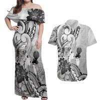 Aotearoa Maori Wahine Couples Matching Off Shoulder Maxi Dress and Hawaiian Shirt Fantail Bird Black Gold Marble LT05 Black - Polynesian Pride