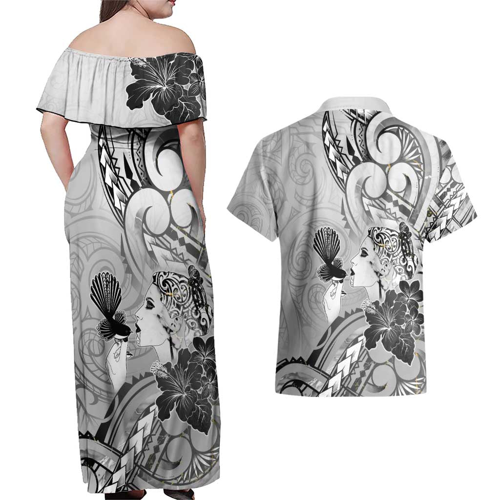 Aotearoa Maori Wahine Couples Matching Off Shoulder Maxi Dress and Hawaiian Shirt Fantail Bird Black Gold Marble LT05 - Polynesian Pride
