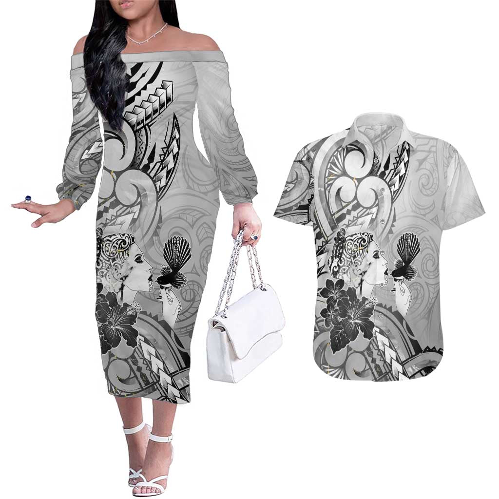 Aotearoa Maori Wahine Couples Matching Off The Shoulder Long Sleeve Dress and Hawaiian Shirt Fantail Bird Black Gold Marble LT05 Black - Polynesian Pride