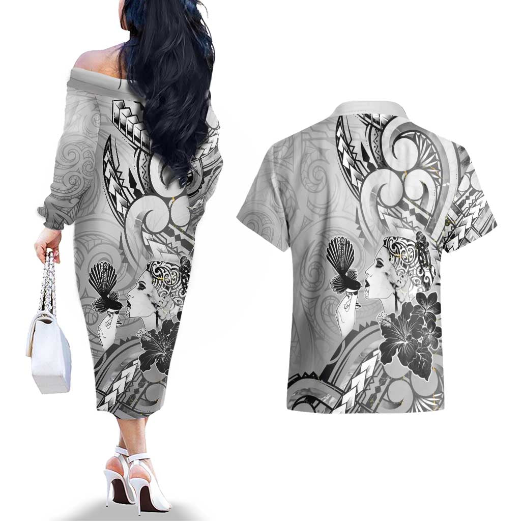 Aotearoa Maori Wahine Couples Matching Off The Shoulder Long Sleeve Dress and Hawaiian Shirt Fantail Bird Black Gold Marble LT05 - Polynesian Pride