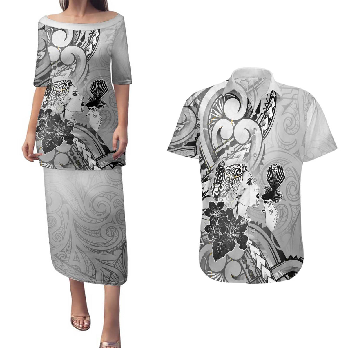 Aotearoa Maori Wahine Couples Matching Puletasi and Hawaiian Shirt Fantail Bird Black Gold Marble