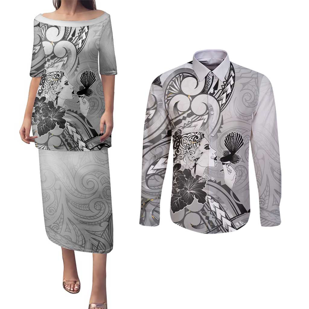 Aotearoa Maori Wahine Couples Matching Puletasi and Long Sleeve Button Shirt Fantail Bird Black Gold Marble