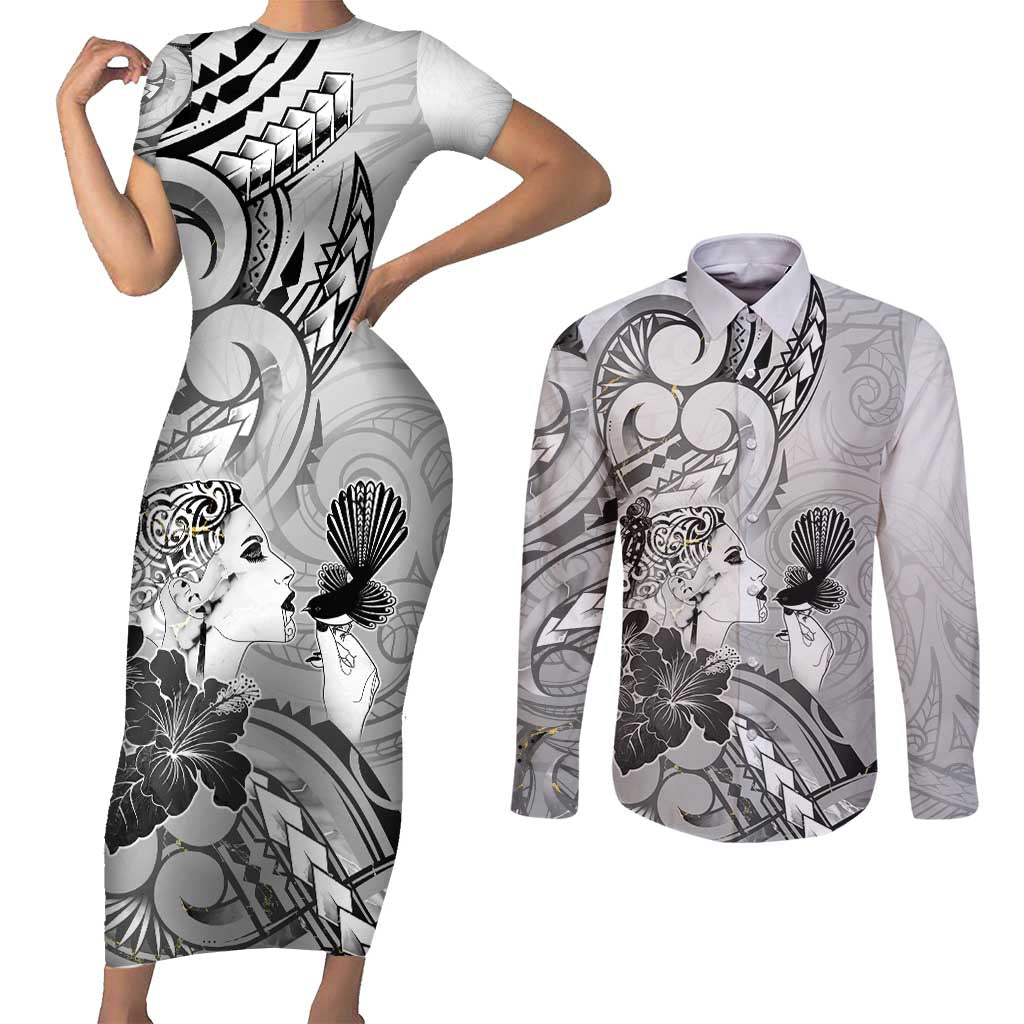 Aotearoa Maori Wahine Couples Matching Short Sleeve Bodycon Dress and Long Sleeve Button Shirt Fantail Bird Black Gold Marble