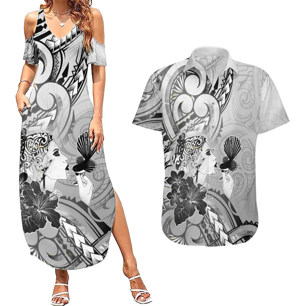 Aotearoa Maori Wahine Couples Matching Summer Maxi Dress and Hawaiian Shirt Fantail Bird Black Gold Marble LT05 Black - Polynesian Pride