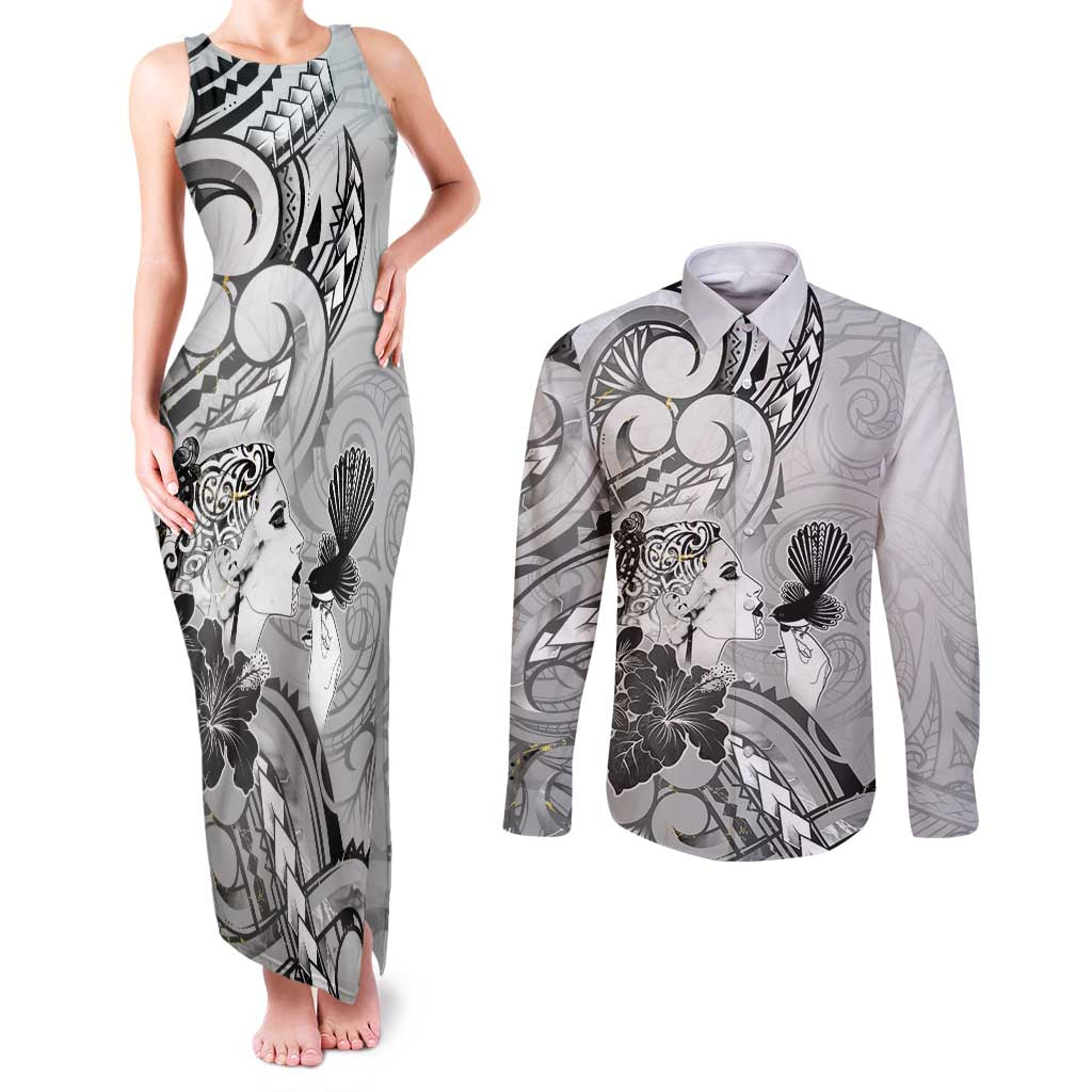 Aotearoa Maori Wahine Couples Matching Tank Maxi Dress and Long Sleeve Button Shirt Fantail Bird Black Gold Marble