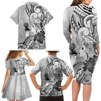 Aotearoa Maori Wahine Family Matching Long Sleeve Bodycon Dress and Hawaiian Shirt Fantail Bird Black Gold Marble LT05 - Polynesian Pride