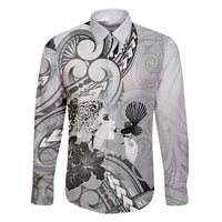 Aotearoa Maori Wahine Family Matching Long Sleeve Bodycon Dress and Hawaiian Shirt Fantail Bird Black Gold Marble LT05 Dad's Shirt - Long Sleeve Black - Polynesian Pride