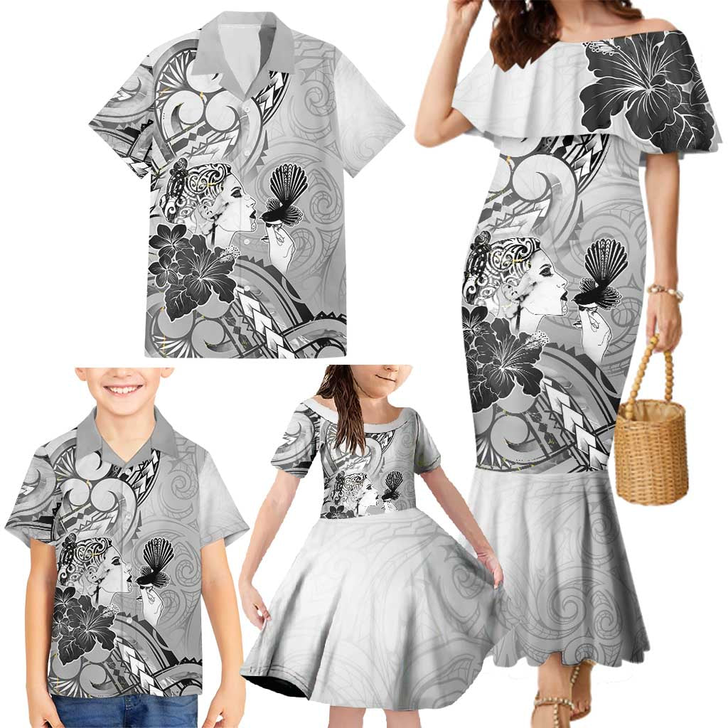 Aotearoa Maori Wahine Family Matching Mermaid Dress and Hawaiian Shirt Fantail Bird Black Gold Marble LT05 - Polynesian Pride