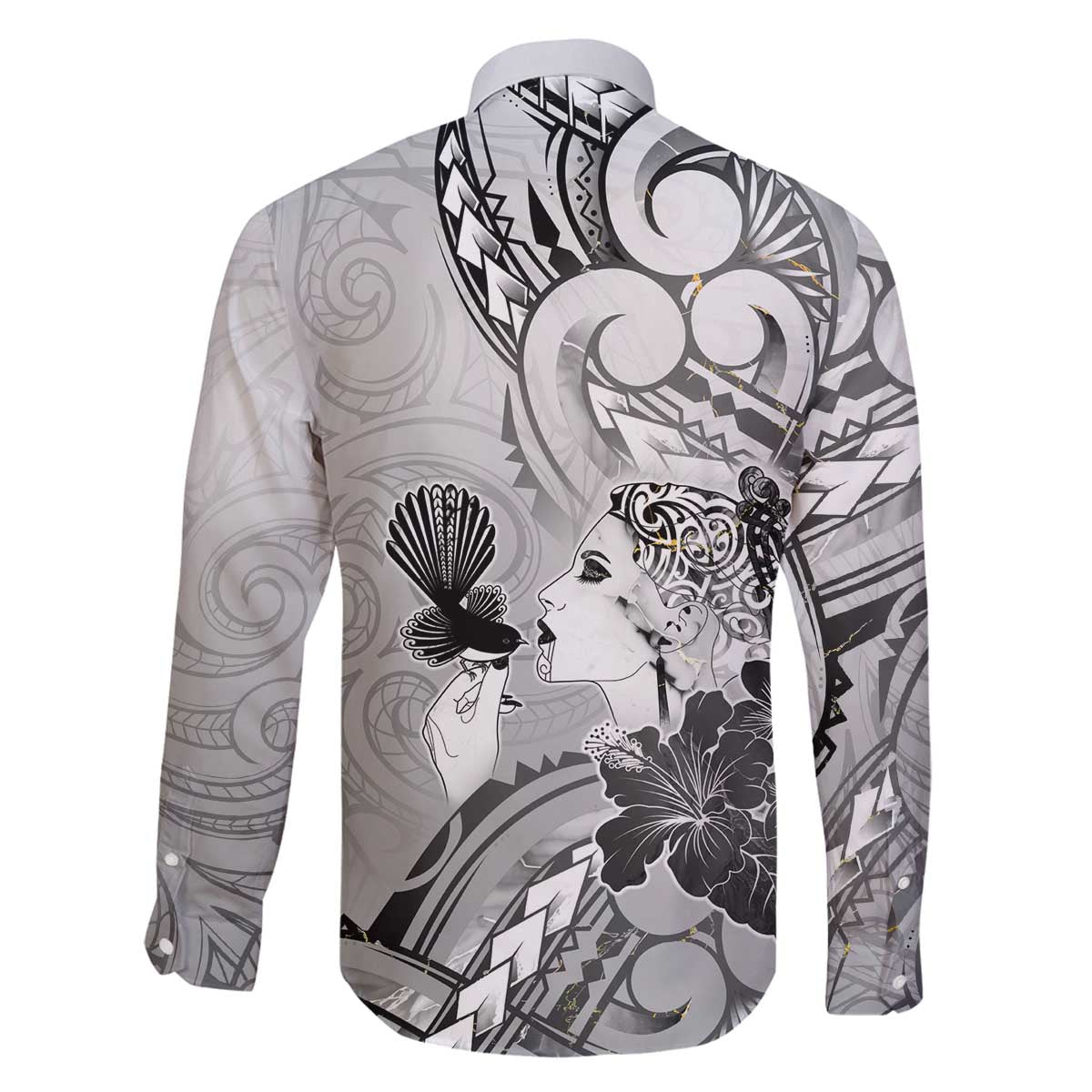 Aotearoa Maori Wahine Family Matching Off The Shoulder Long Sleeve Dress and Hawaiian Shirt Fantail Bird Black Gold Marble LT05 - Polynesian Pride