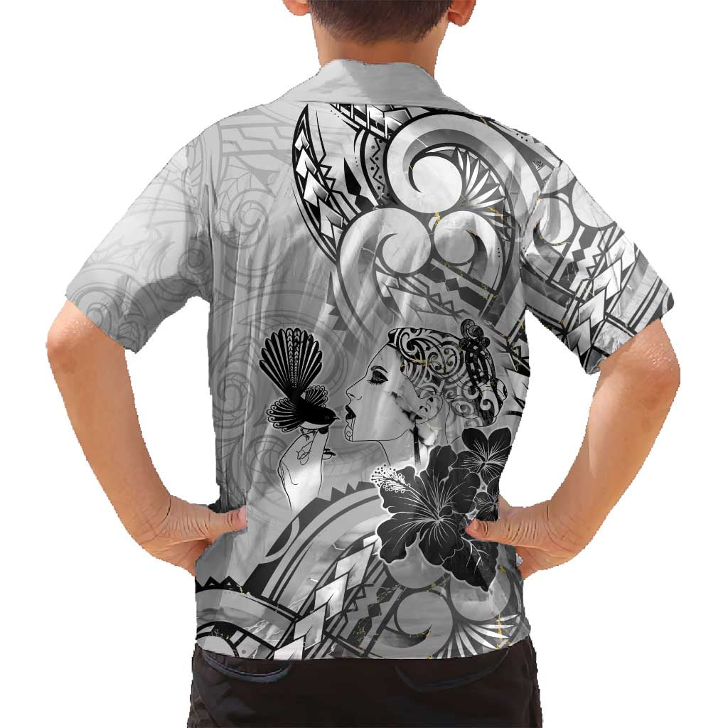 Aotearoa Maori Wahine Family Matching Off Shoulder Maxi Dress and Hawaiian Shirt Fantail Bird Black Gold Marble LT05 - Polynesian Pride