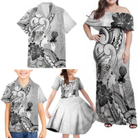 Aotearoa Maori Wahine Family Matching Off Shoulder Maxi Dress and Hawaiian Shirt Fantail Bird Black Gold Marble LT05 - Polynesian Pride