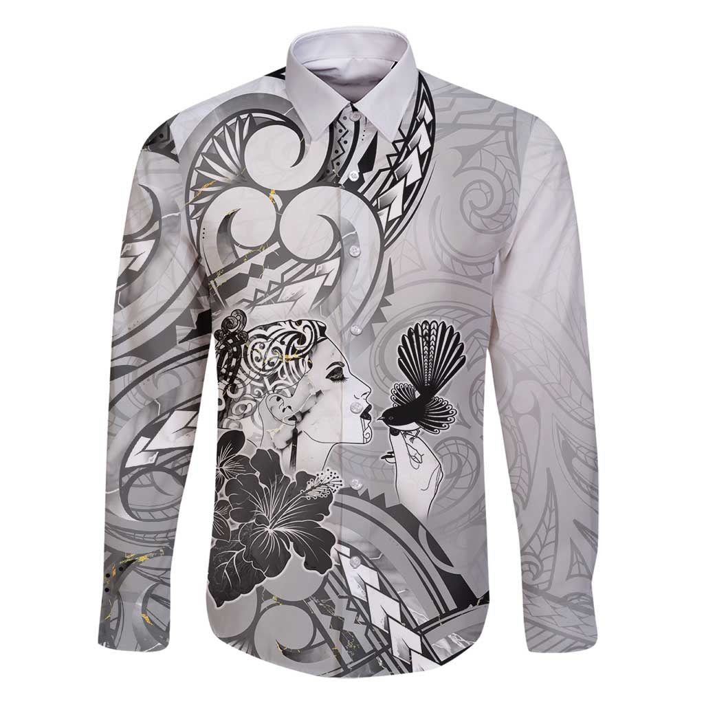 Aotearoa Maori Wahine Family Matching Off Shoulder Maxi Dress and Hawaiian Shirt Fantail Bird Black Gold Marble LT05 Dad's Shirt - Long Sleeve Black - Polynesian Pride