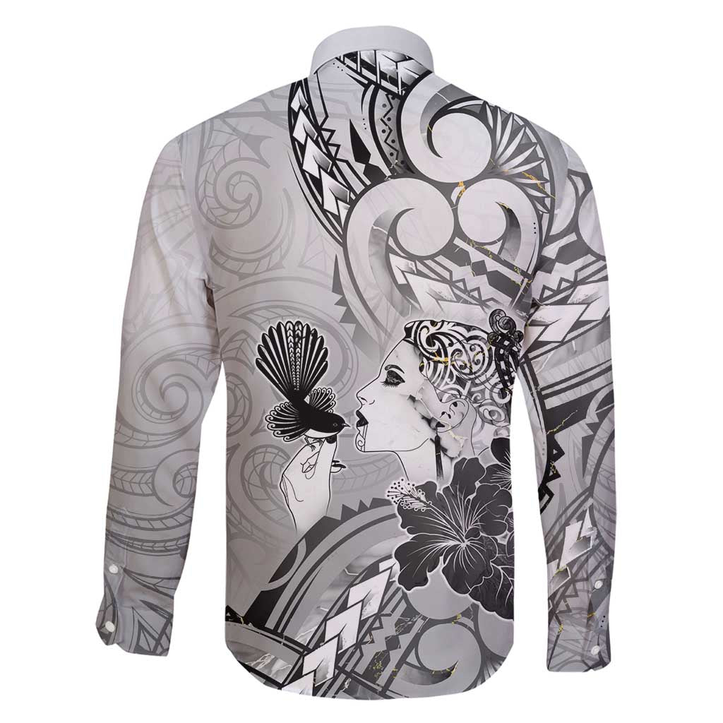 Aotearoa Maori Wahine Family Matching Off Shoulder Maxi Dress and Hawaiian Shirt Fantail Bird Black Gold Marble LT05 - Polynesian Pride