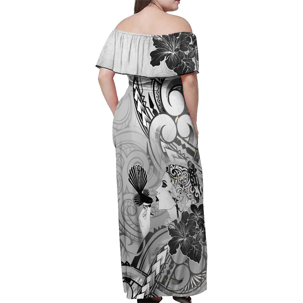 Aotearoa Maori Wahine Family Matching Off Shoulder Maxi Dress and Hawaiian Shirt Fantail Bird Black Gold Marble LT05 - Polynesian Pride