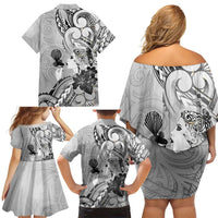 Aotearoa Maori Wahine Family Matching Off Shoulder Short Dress and Hawaiian Shirt Fantail Bird Black Gold Marble LT05 - Polynesian Pride